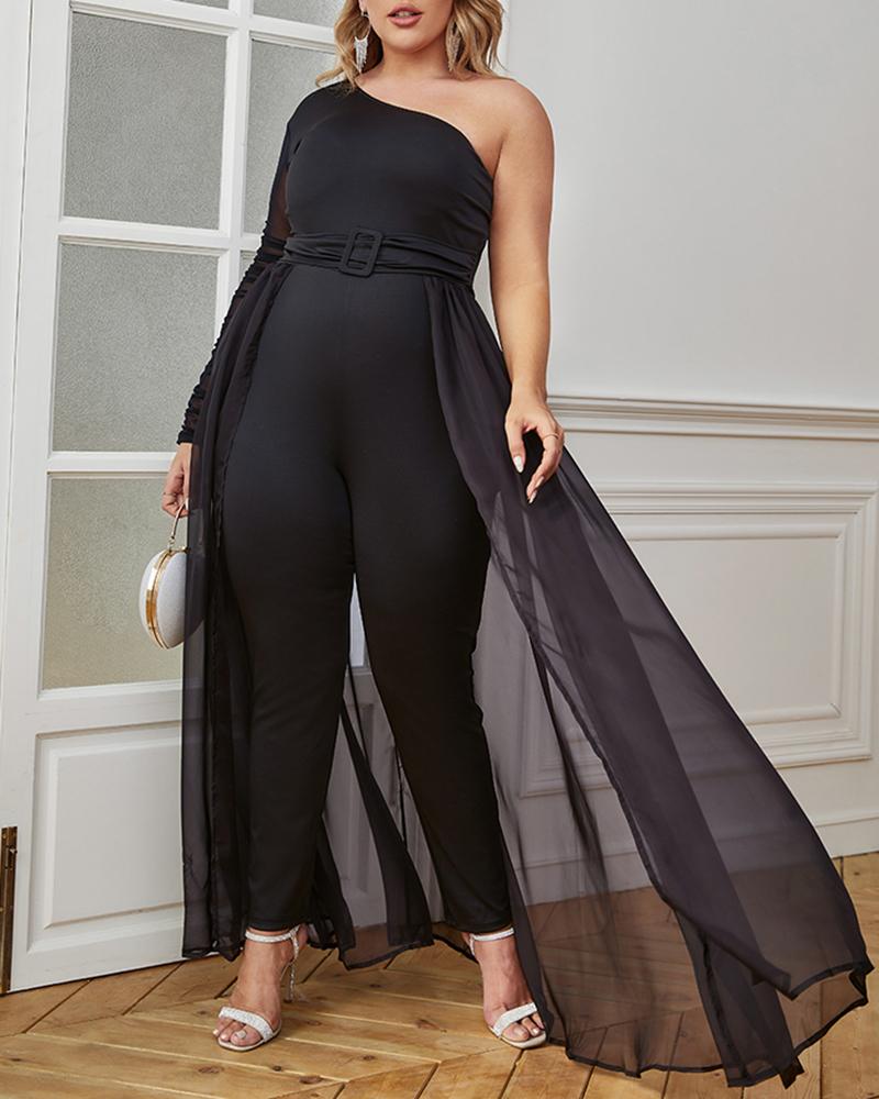 Plus Size One Shoulder Sheer Mesh Jumpsuit