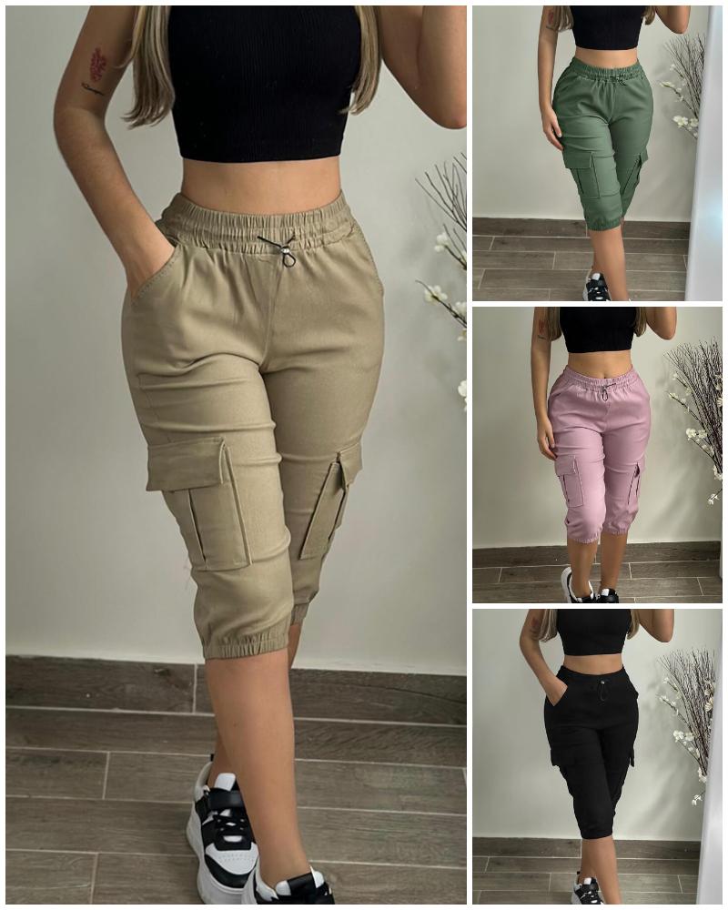 

Side Pockets Drawstring Waist Cropped Cargo Pants, Khaki