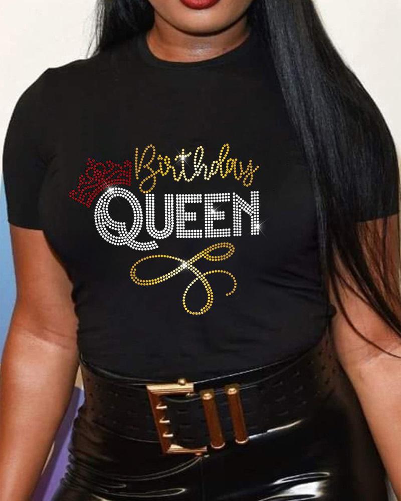 

Plus Size Rhinestone Letter Pattern Casual T-shirt, Black