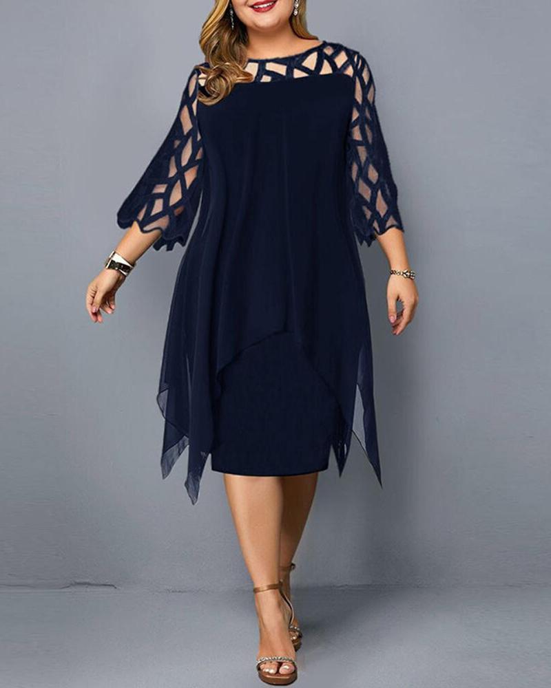 

Plus Size Contrast Lace Asymmetrical Hem Chiffon Casual Dress, Dark blue