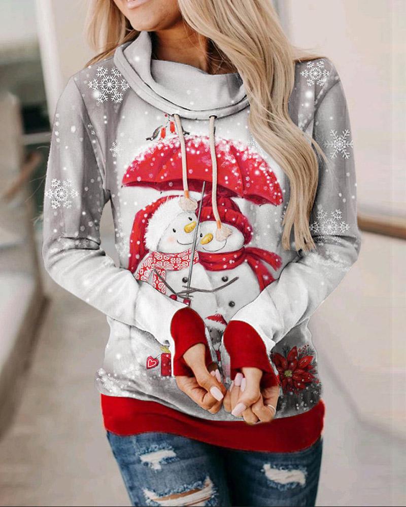 

Christmas Snowman Print Drawstring Sweatshirt Long Sleeve Casual Daily Top, Gray