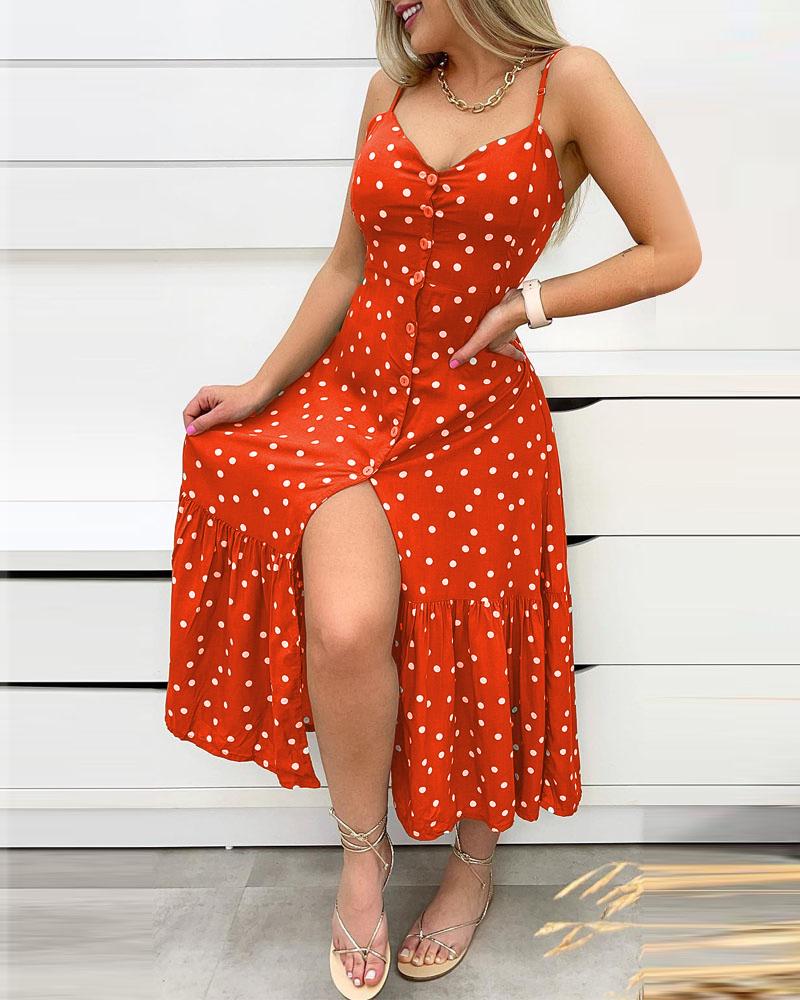 

Polka Dot Print Button Front Shirred Cami Dress, Orange