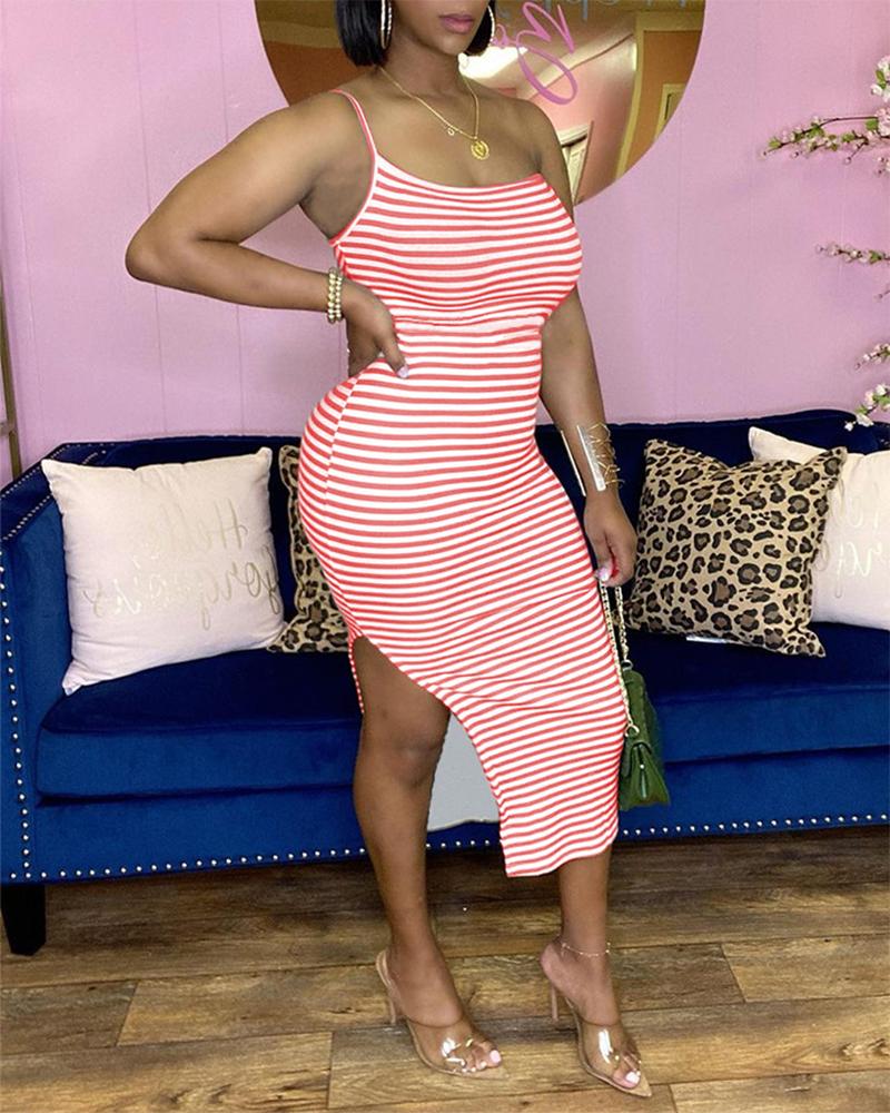 

Striped U-Neck High Maxi Dress, Red