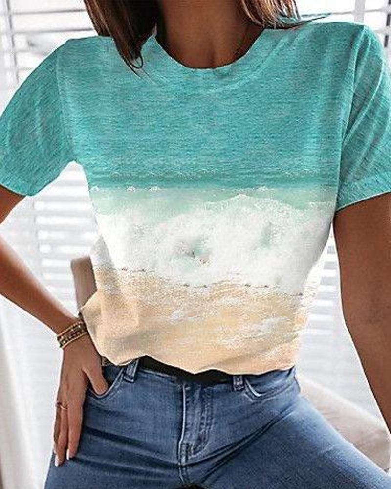 

Landscape Sea Print Ombre Casual T-shirt, Green