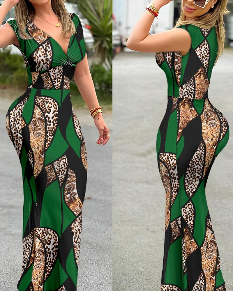

Baroque Leopard Print Sleeveless Maxi Dress, Green
