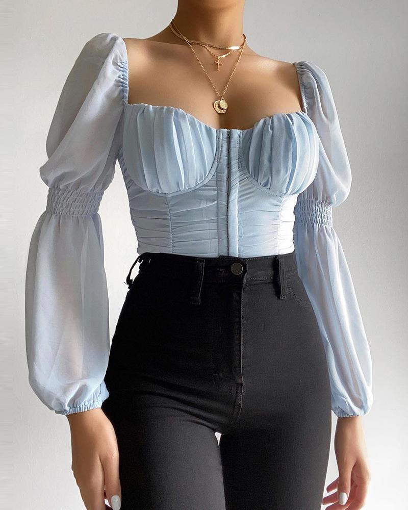 

Puff Lantern Sleeve Shirring Detail Corset Top, Blue