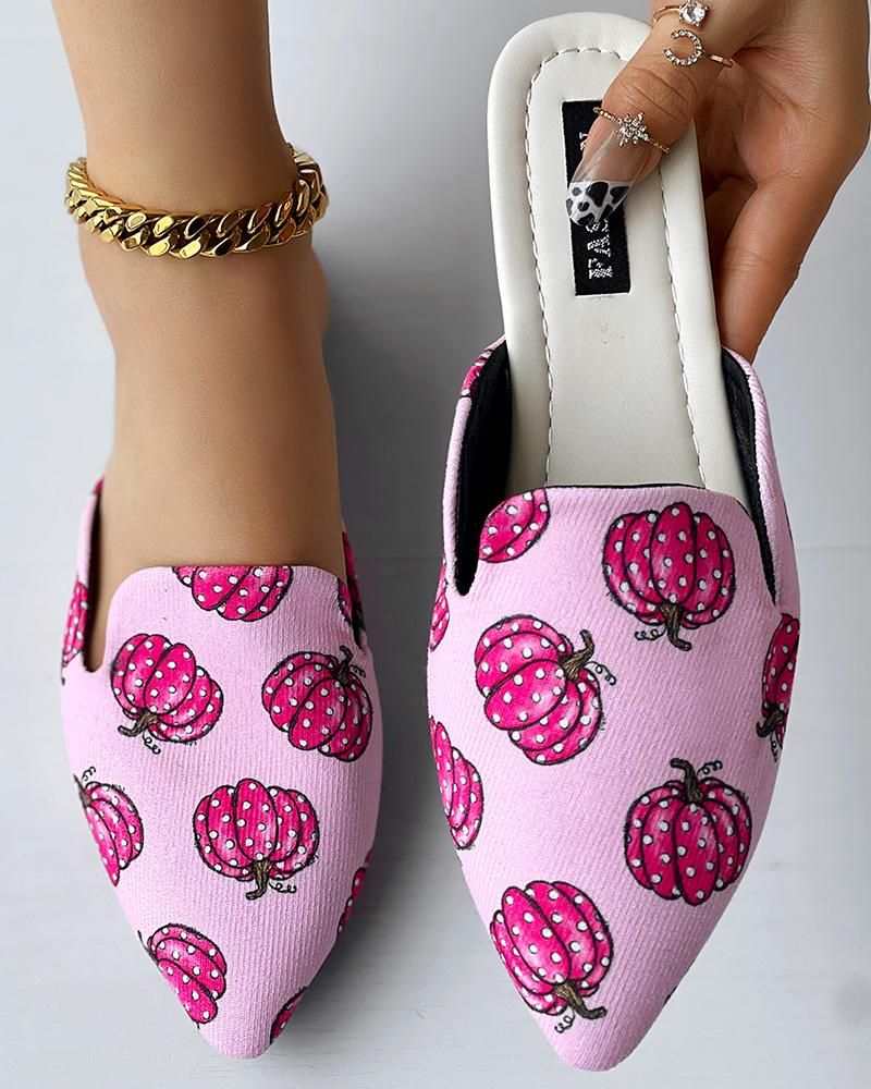 

Halloween Pumpkin Print Slippers Point Toe Mules, Pink