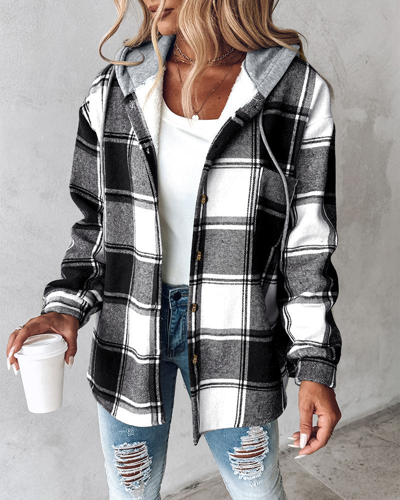 

Plaid Pattern Long Sleeve Shacket Button Down Fleece Lined Hooded Jackets Warm Coat, Black