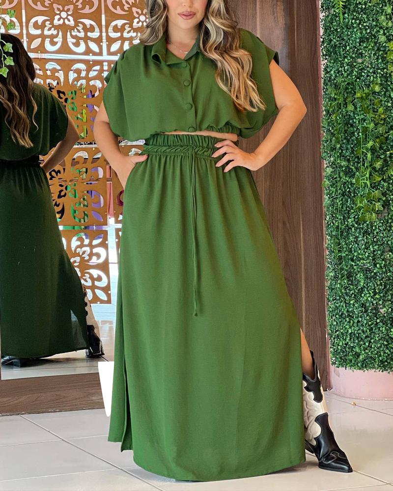 

Batwing Sleeve Buttoned Top & Drawstring Slit Skirt Set, Green