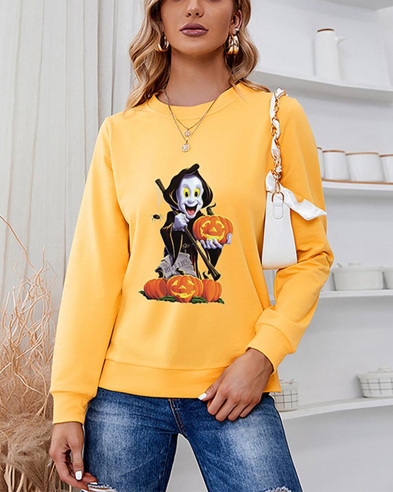 

Halloween Monster Pumpkin Print Long Sleeve Sweatshirt, Yellow