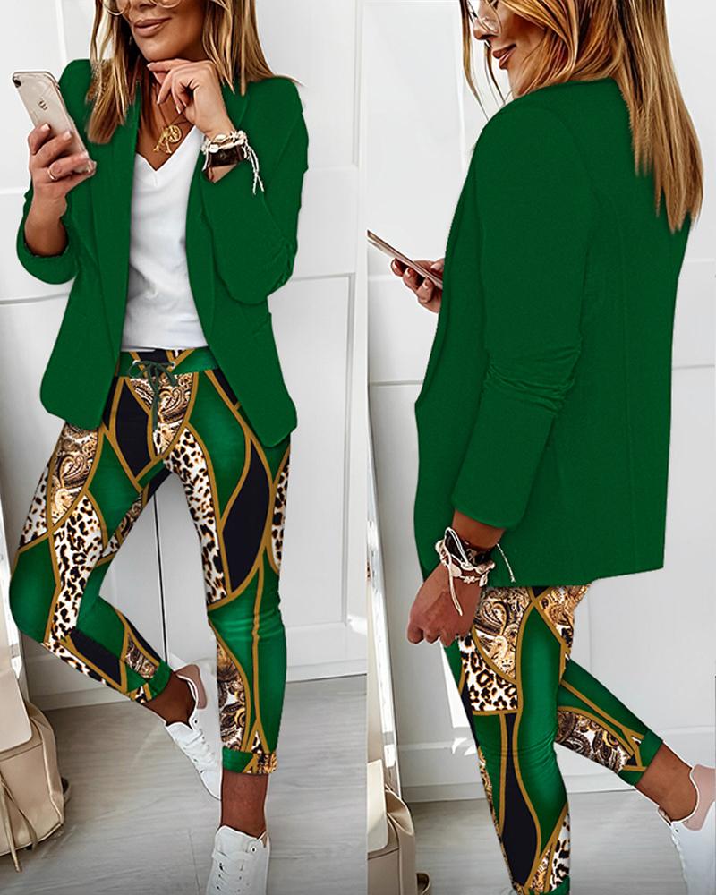 

Shawl Collar Blazer Coat & Baroque Leopard Print Pants Set, Green