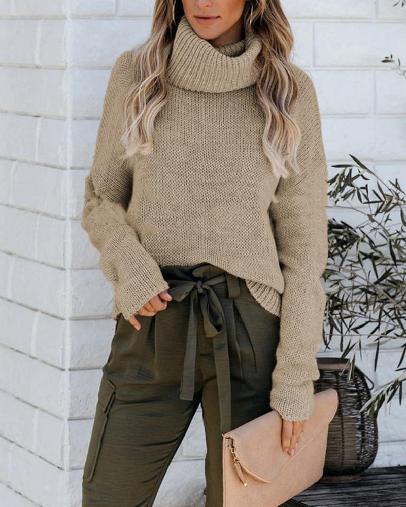

High Neck Long Sleeve Backless Knit Sweater, Khaki