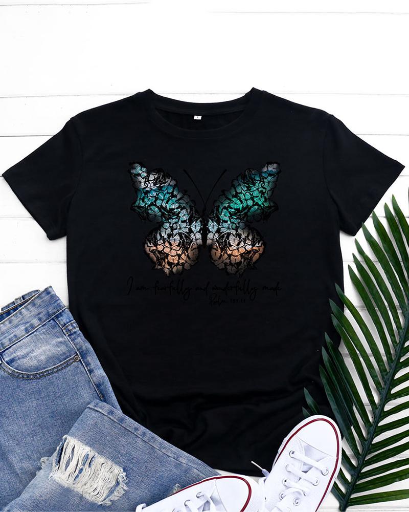 

Butterfly Letter Print Short Sleeve O-Neck Top, Black