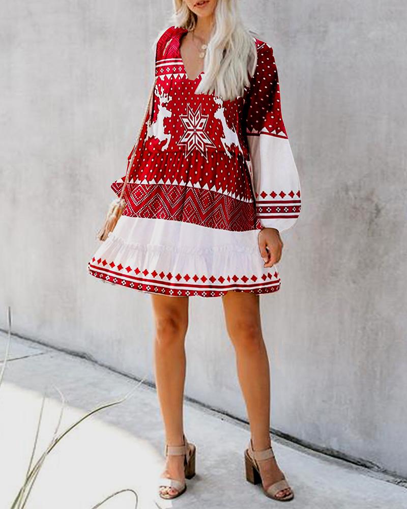 

Christmas Print Lantern Sleeve Dress, Red