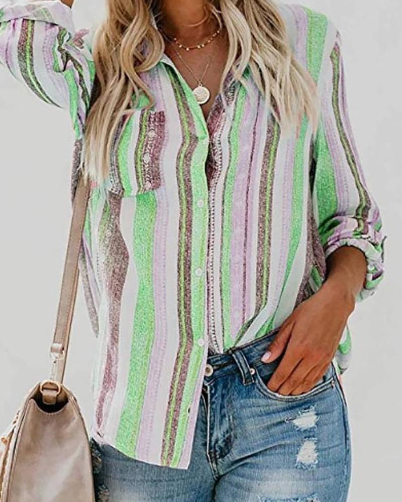 

Striped Print Colorblock Pocket Front Button Design Blouse, Green