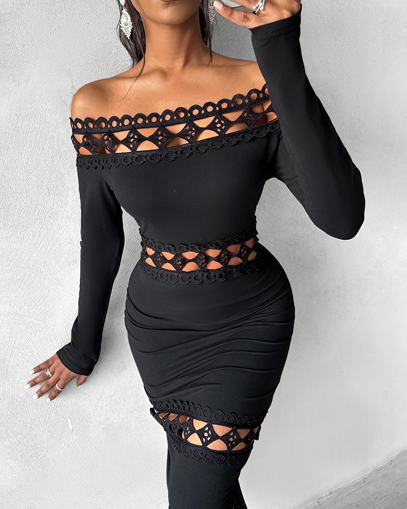 

Off Shoulder Lace Patch Long Sleeve Midi Dress, Black