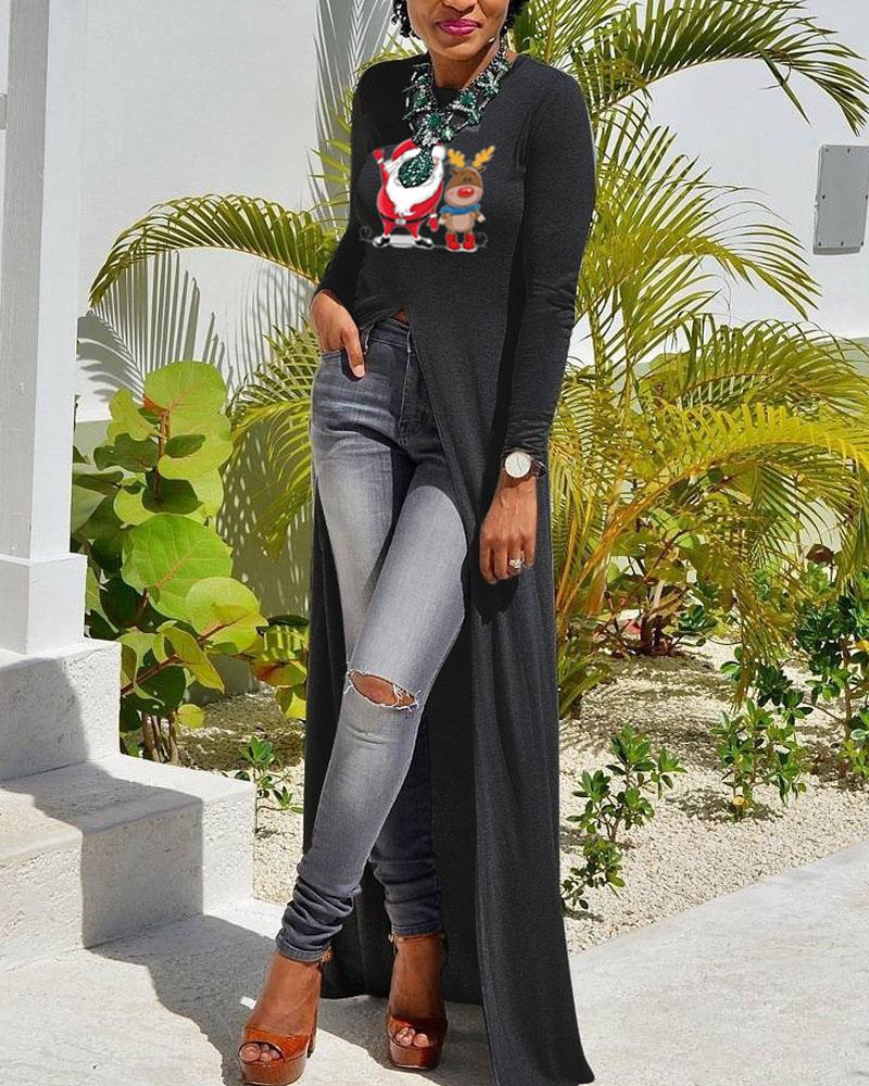 

Christmas Letter Santa Claus Print High Split Longline Top, Black