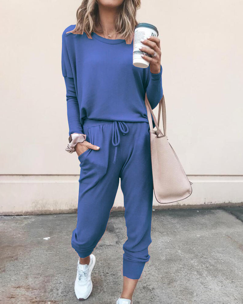 

Solid Long Sleeve Top & Drawstring Casual Pants Set, Blue