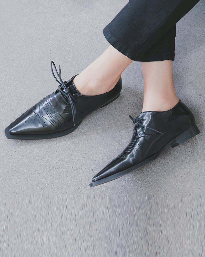 

Pointed Toe Lace-up Stitch Detail Oxford Shoes, Black