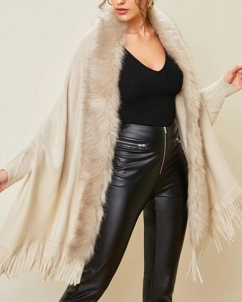 

Open Front Tassel Design Fur Collar Cape Coat, Apricot