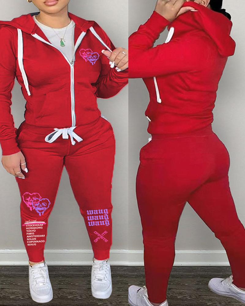 

Plus Size Letter Heart Print Hooded Zip Up Top & Pants Set, Red