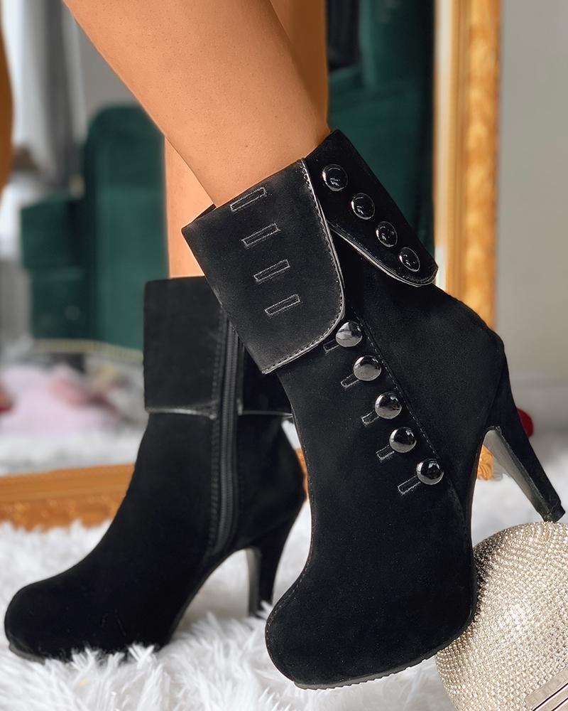 

Buttoned Size Zip Suede Heeled Boots, Black