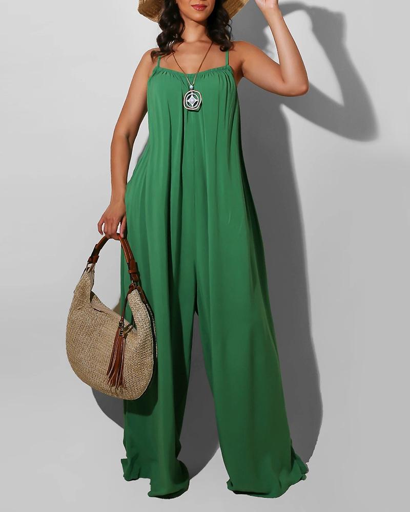 

Spaghetti Strap Square Neck Plain Jumpsuit, Green