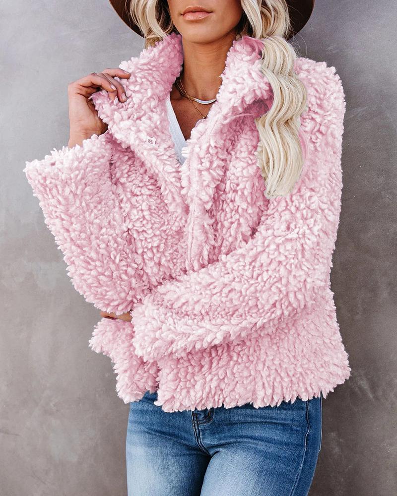 

Long Sleeve Open Front Casual Teddy Coat, Pink