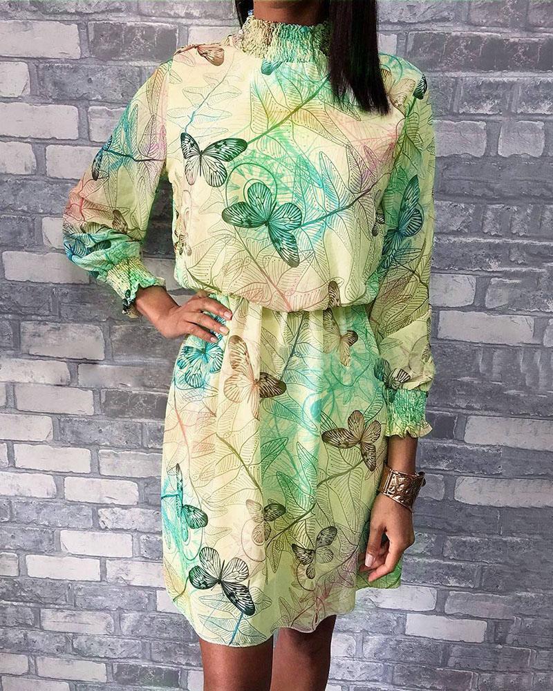 

Shirring Detail Leaf Print Casual Dress, Green