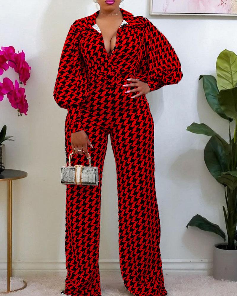 

Plus Size Houndstooth Print Lantern Sleeve Jumpsuit, Red