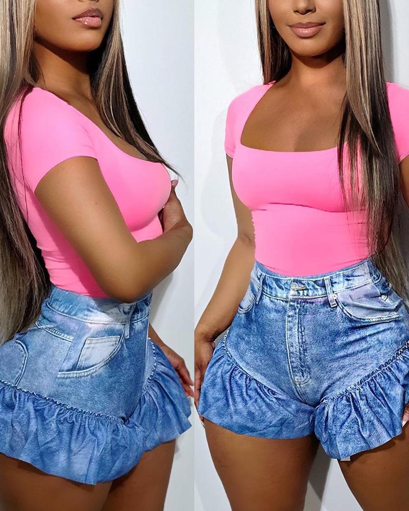 

Denim Look Print Ruffle Hem Shorts, Blue