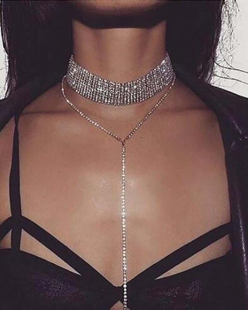 

Wide Rhinestone Pendant Choker Necklace, Silver