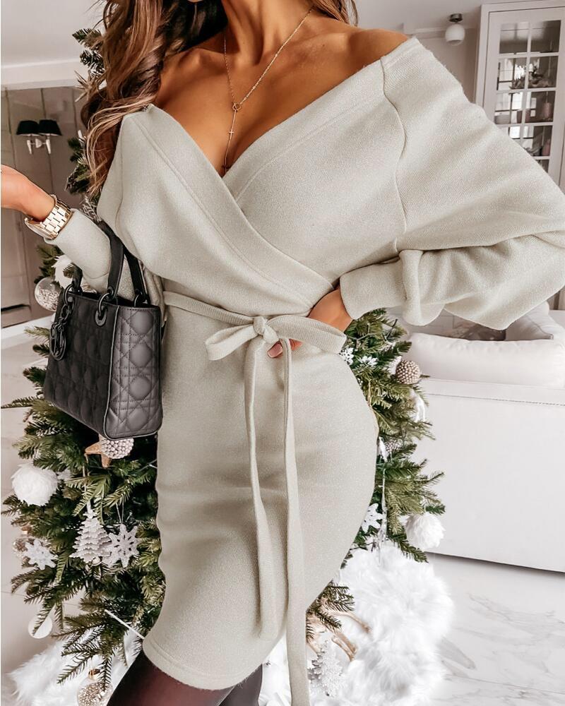 

Batwing Sleeve V-Back Wrap Belted Knitted Dress, Beige