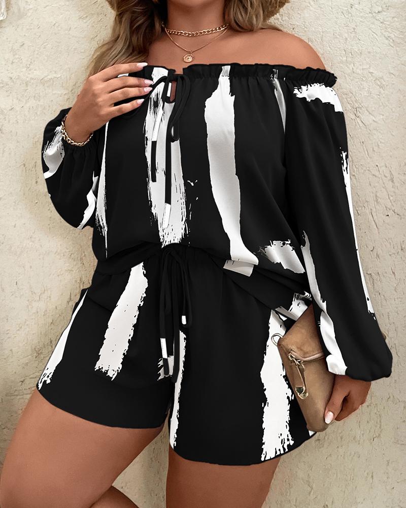 

Plus Size Tie Dye Print Off Shoulder Top & Drawstring Shorts Set, Black