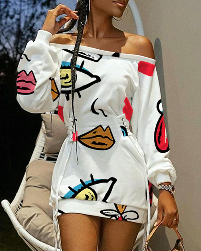 

Lip Eye Off Shoulder Lace-Up Casual Dress Long Sleeve A Line Dress, White
