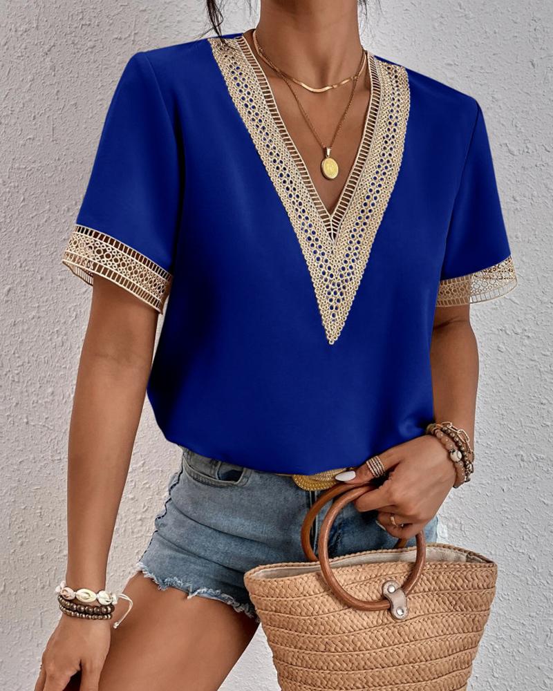 

Contrast Lace Short Sleeve Casual Top, Blue