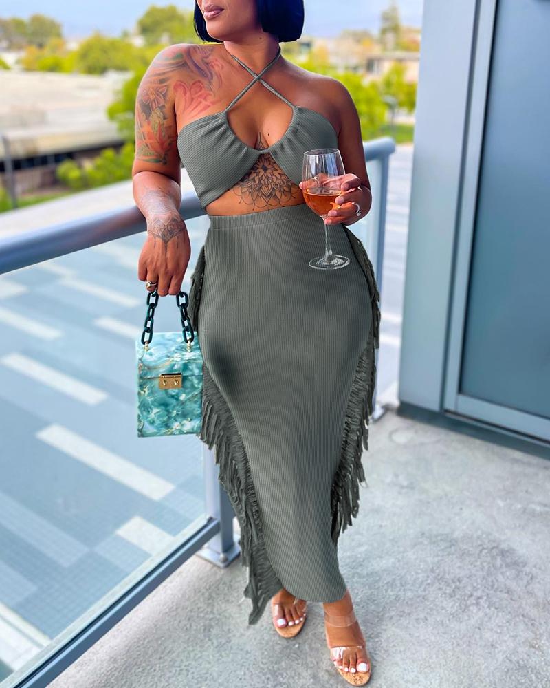 

Cross Halter Tassel Design Bodycon Dress, Gray