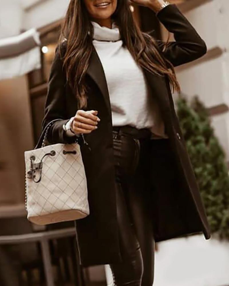 

Button Design Long Sleeve Trench Coat, Black
