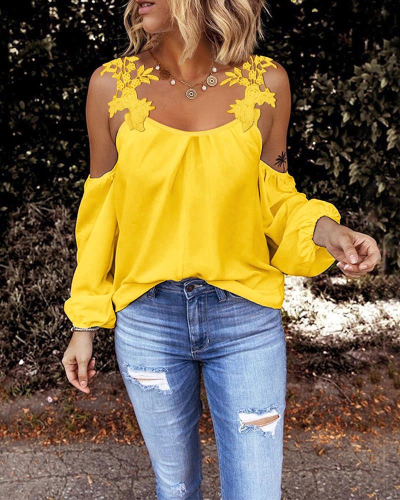 

Contrast Lace Cold Shoulder Top, Yellow