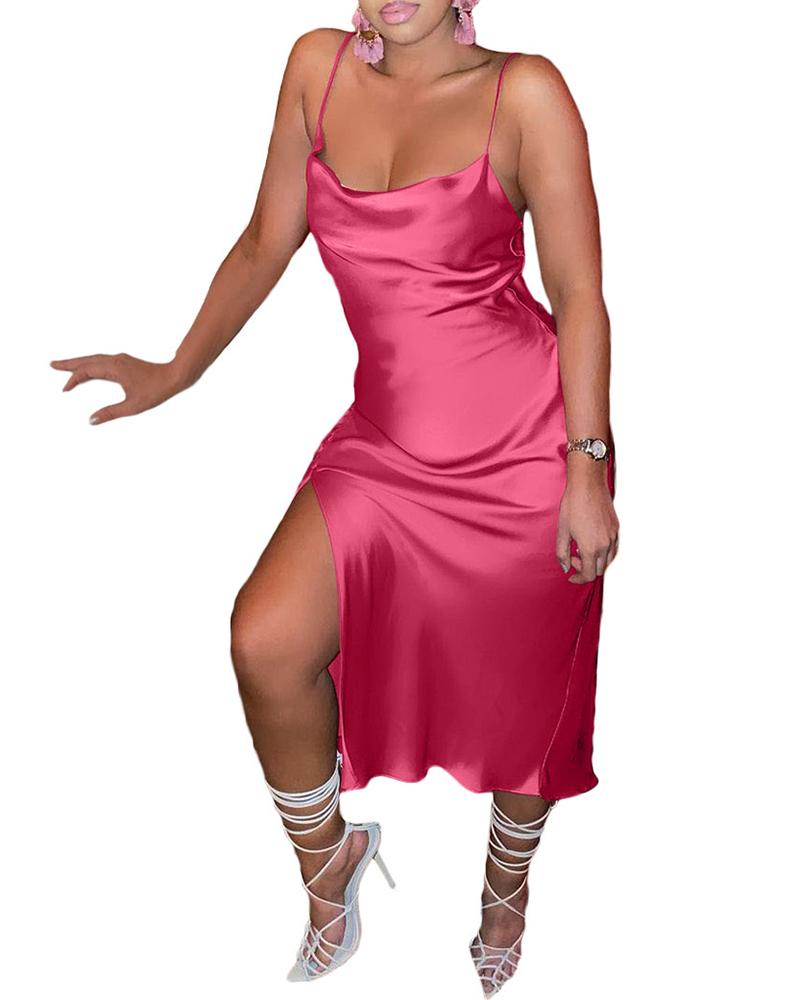 

Spaghetti Strap High Slit Cowl Neck Satin Party Dress, Rose red