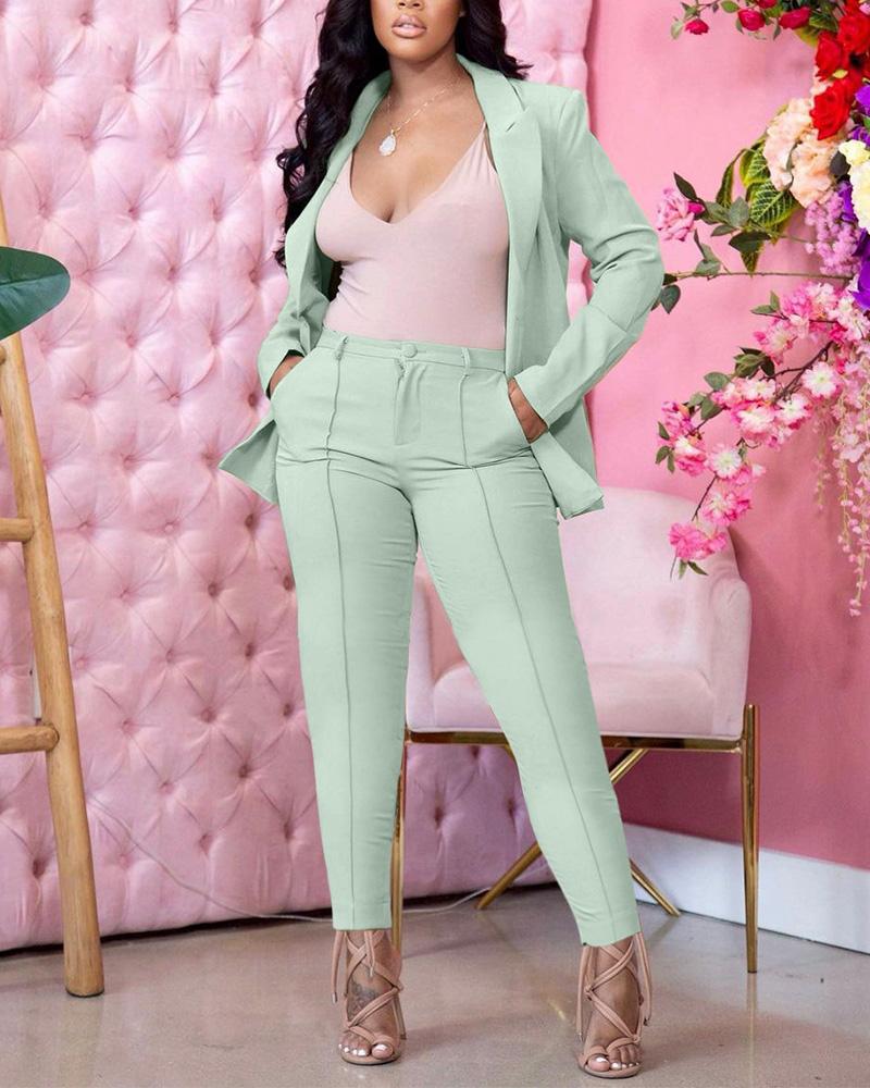 

Lapel Collar Double Button Blazer & Pocket Tailored Pants Set, Green