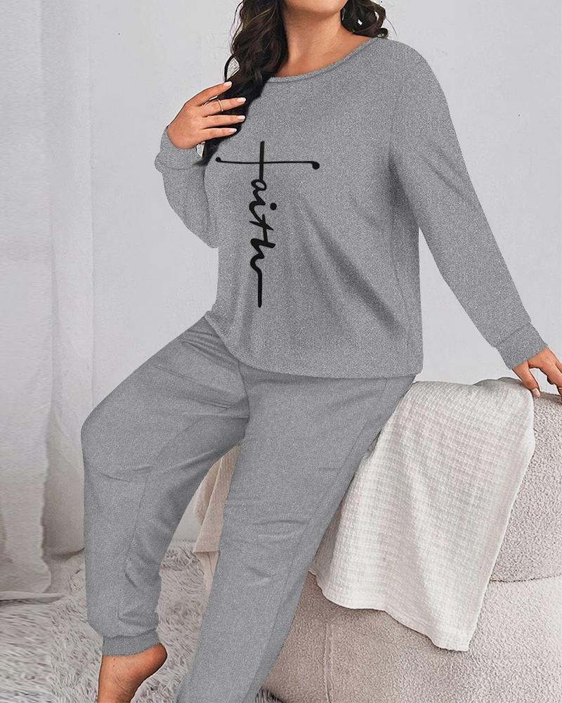 

Plus Size Faith Print Round Neck Pajamas Set, Gray