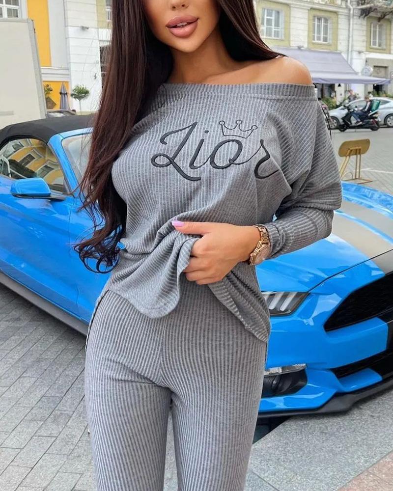 

Letter Embroidery Ribbed Top & Pants Set, Gray