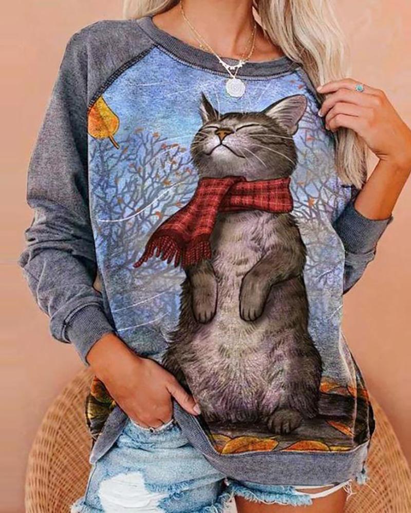 

Cat Print Long Sleeve Sweatshirt, Blue