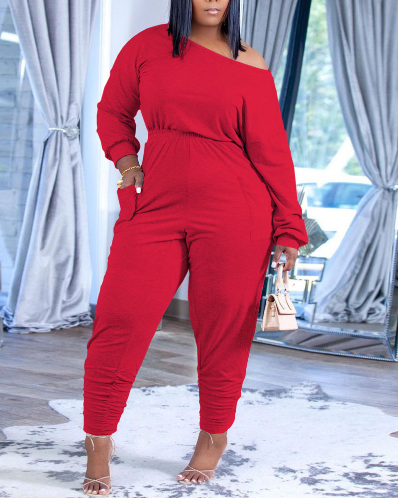 

Long Sleeve Casual Top & Ruched Pants Set, Red