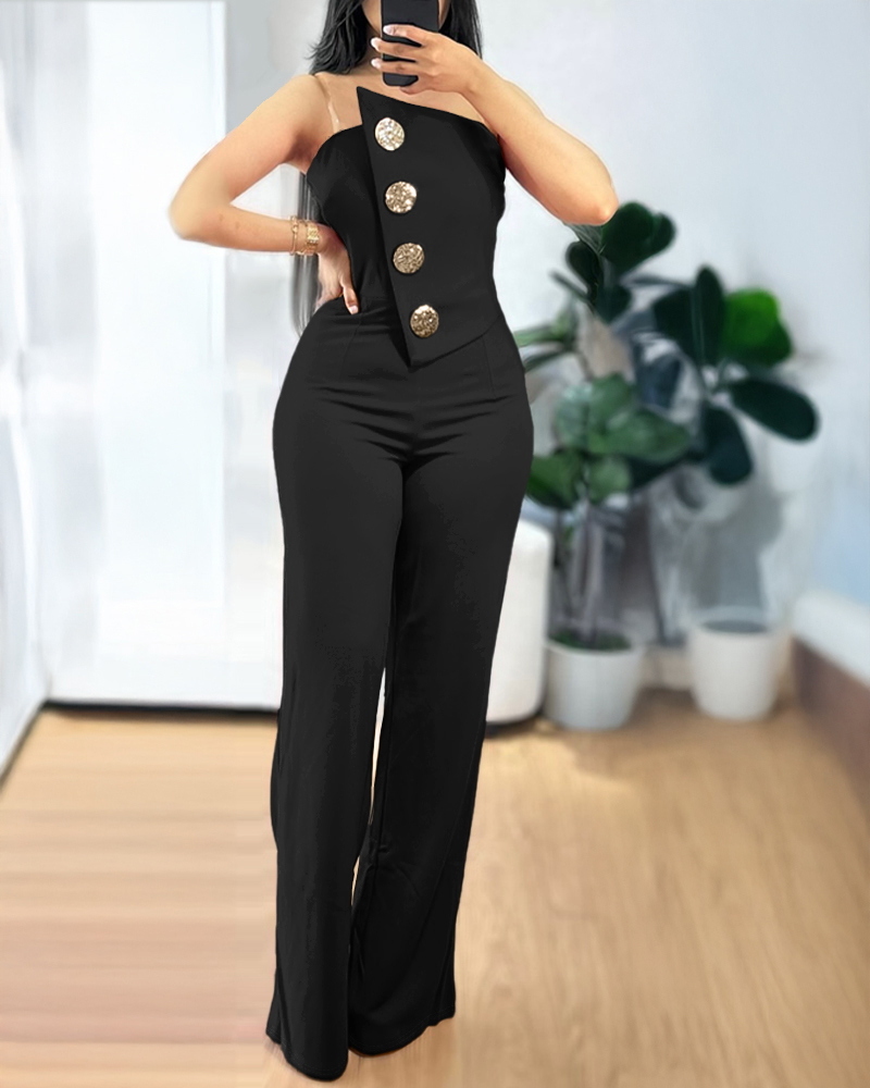 

Asymmetrical Bandeau Strapless Jumpsuit Metal Button Decor Casual Overalls, Black