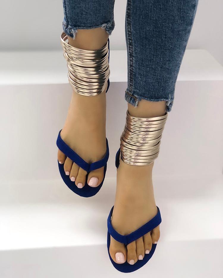 

Metallic Embellished Flip Flops Platform Sandals, Blue