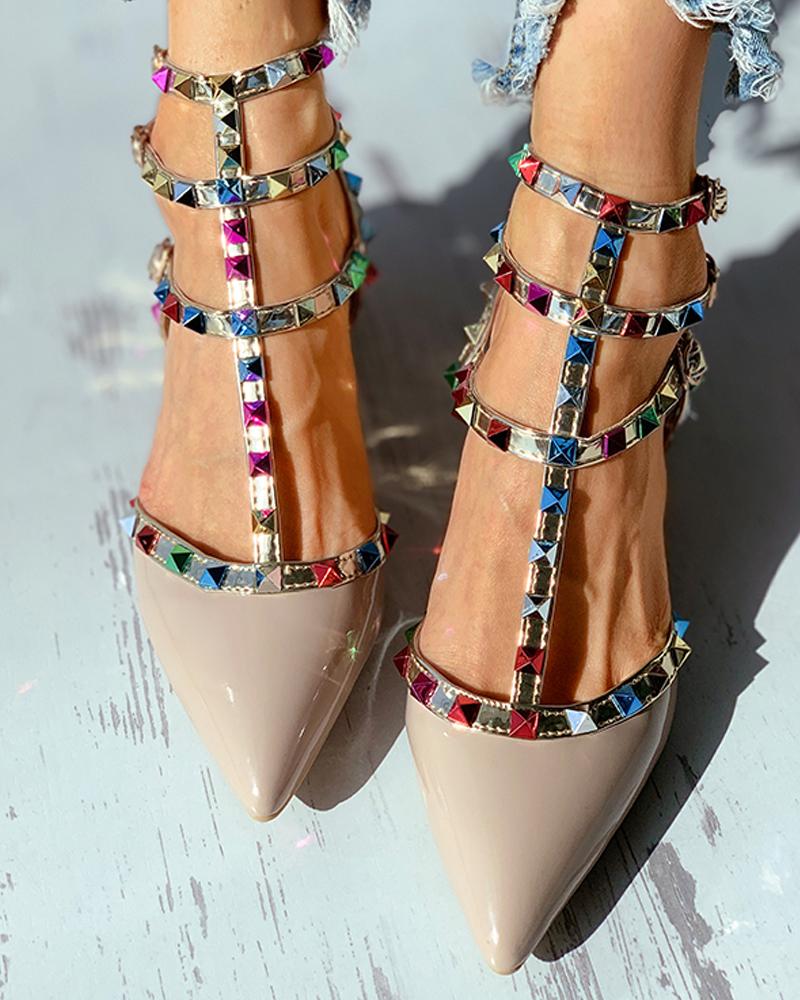 

Colorblock Rivet Pointed Toe Chunky Heels, Apricot