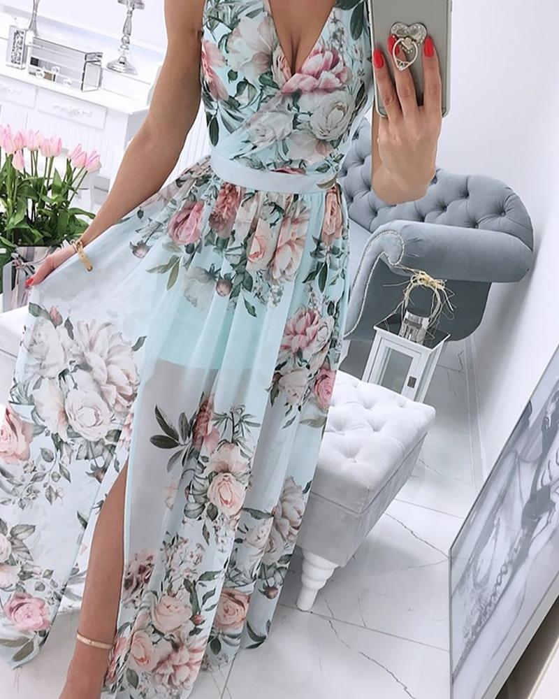 

Floral Print V-Neck Slit Maxi Dress, Blue