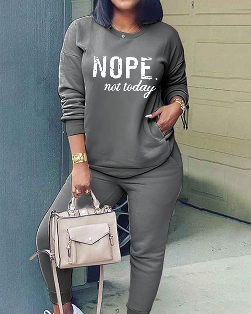 

Plus Size Nope Not Today Print Pocket Design Top & Pants Set, Gray